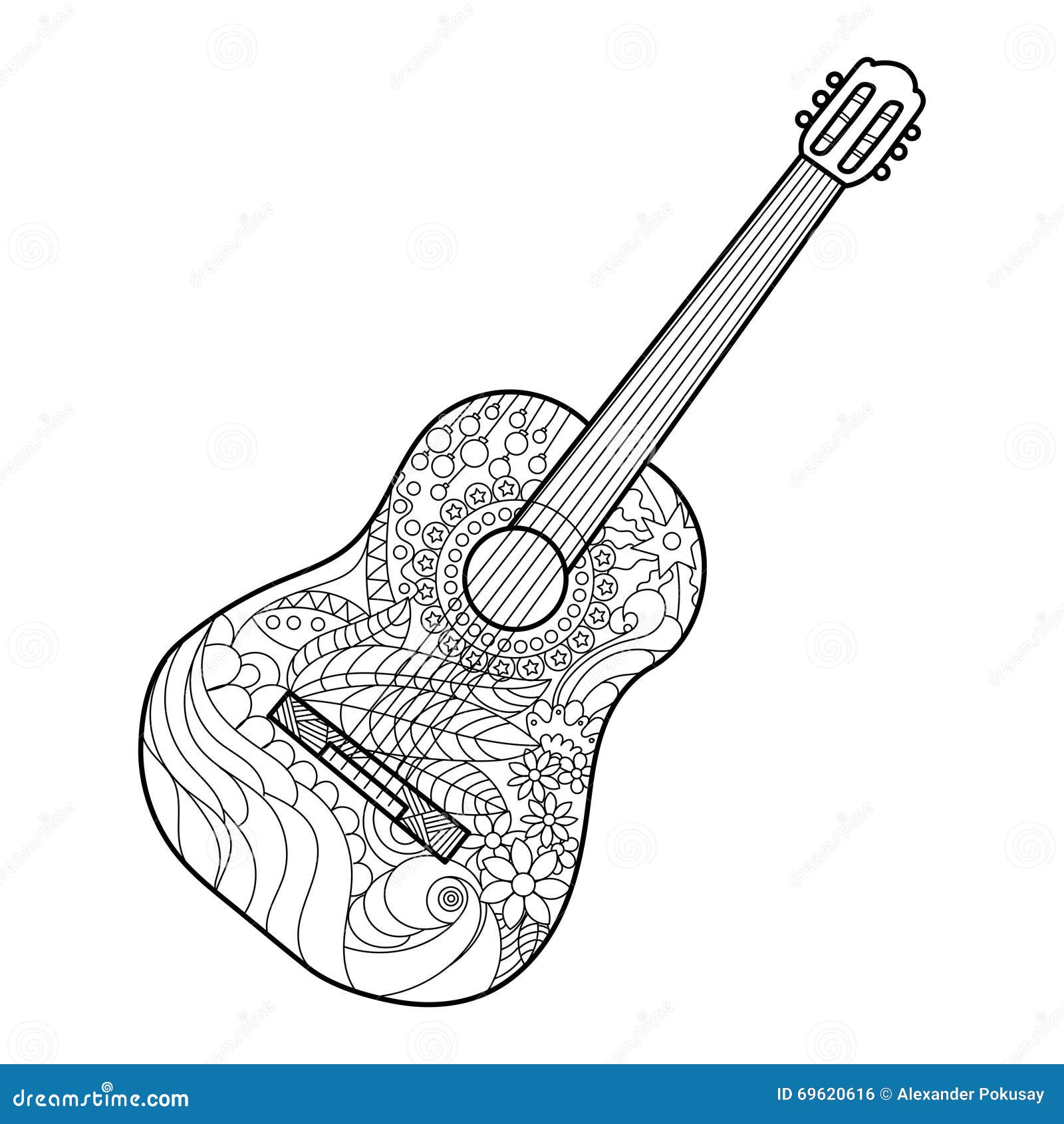 Livre De Coloriage De Guitare Acoustique Pour Le Vecteur D'adultes