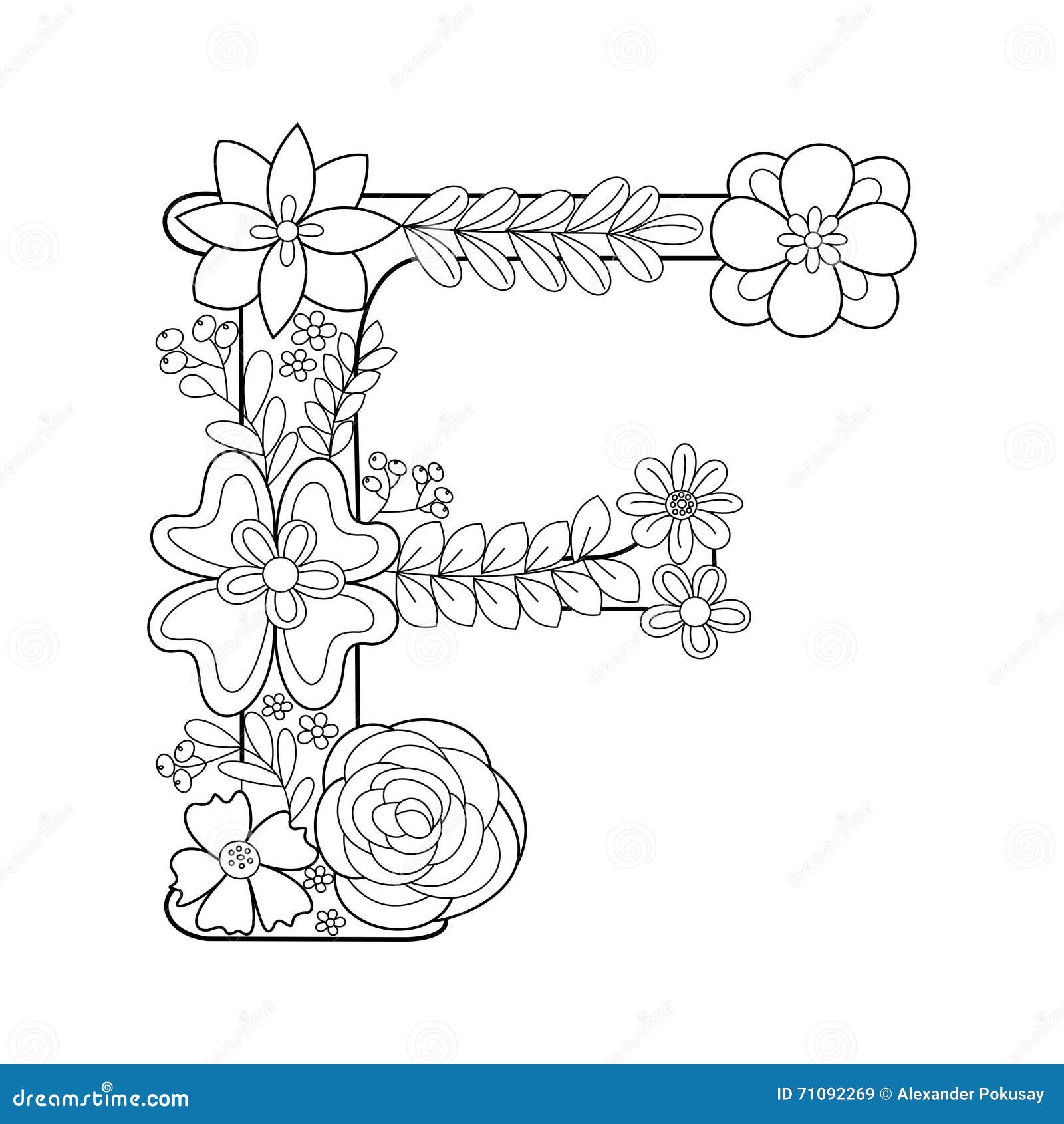 Livre De Coloriage De La Lettre F Pour Le Vecteur D adultes alphabet d floral illustration l lettre