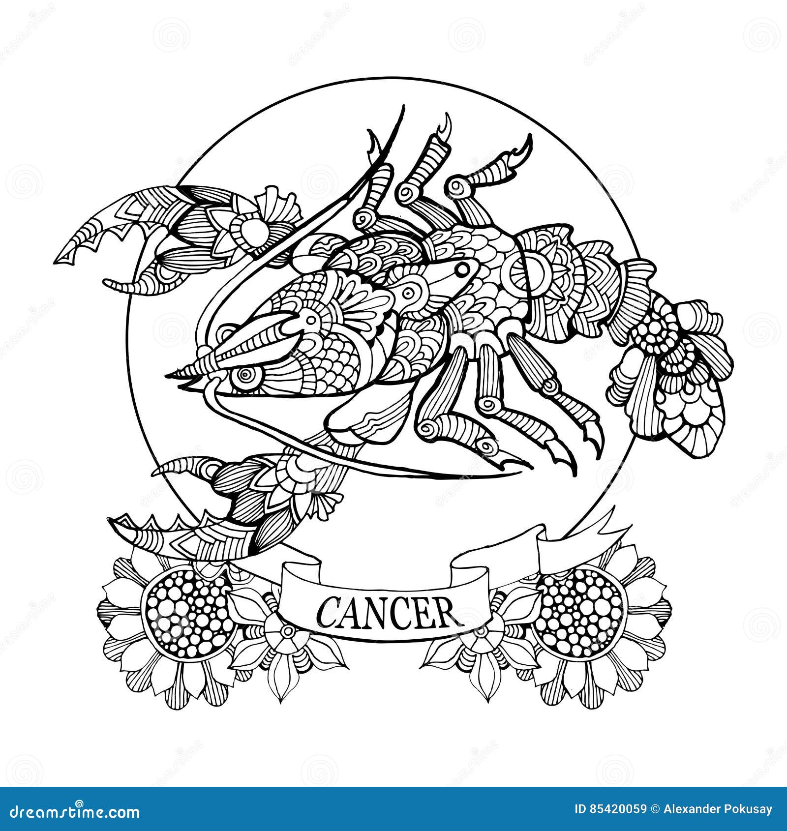 Livre de coloriage de signe de zodiaque de Cancer pour le vecteur d adultes