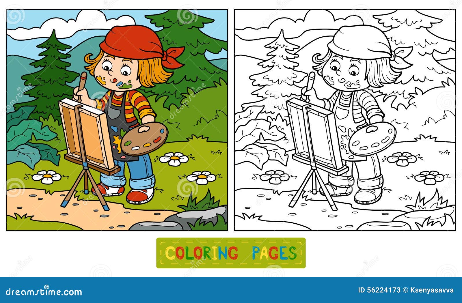 Livre de coloriage l artiste de fille dessine sur la nature l air ouvert