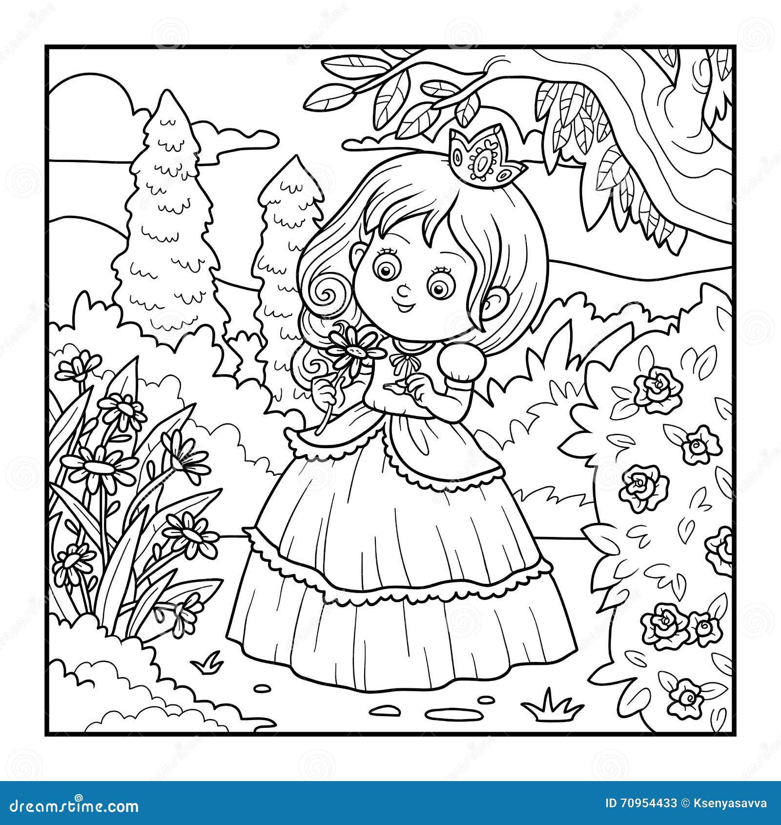 Livre de coloriage petite princesse avec une fleur dans le jardin