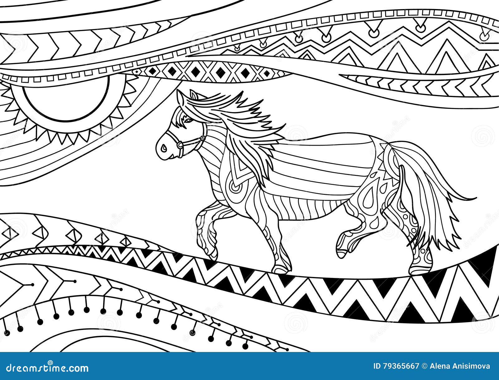 Livre de coloriage pour des adultes Conception de schéma Le cheval dans les mod¨les nationaux graphie