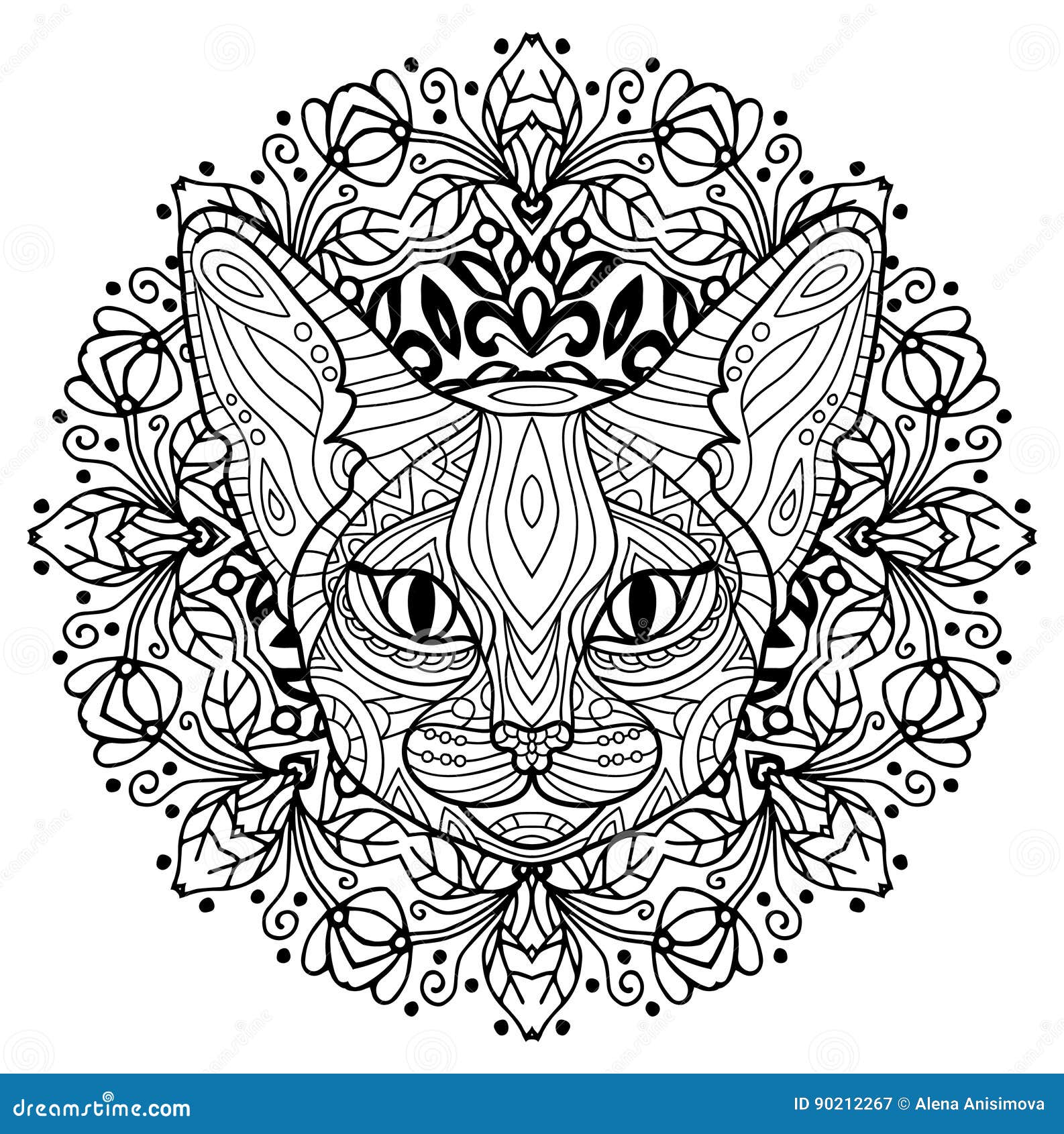 Livre de coloriage pour des adultes La tªte d un chat mystérieux avec un mod¨le circulaire Ressort de chat