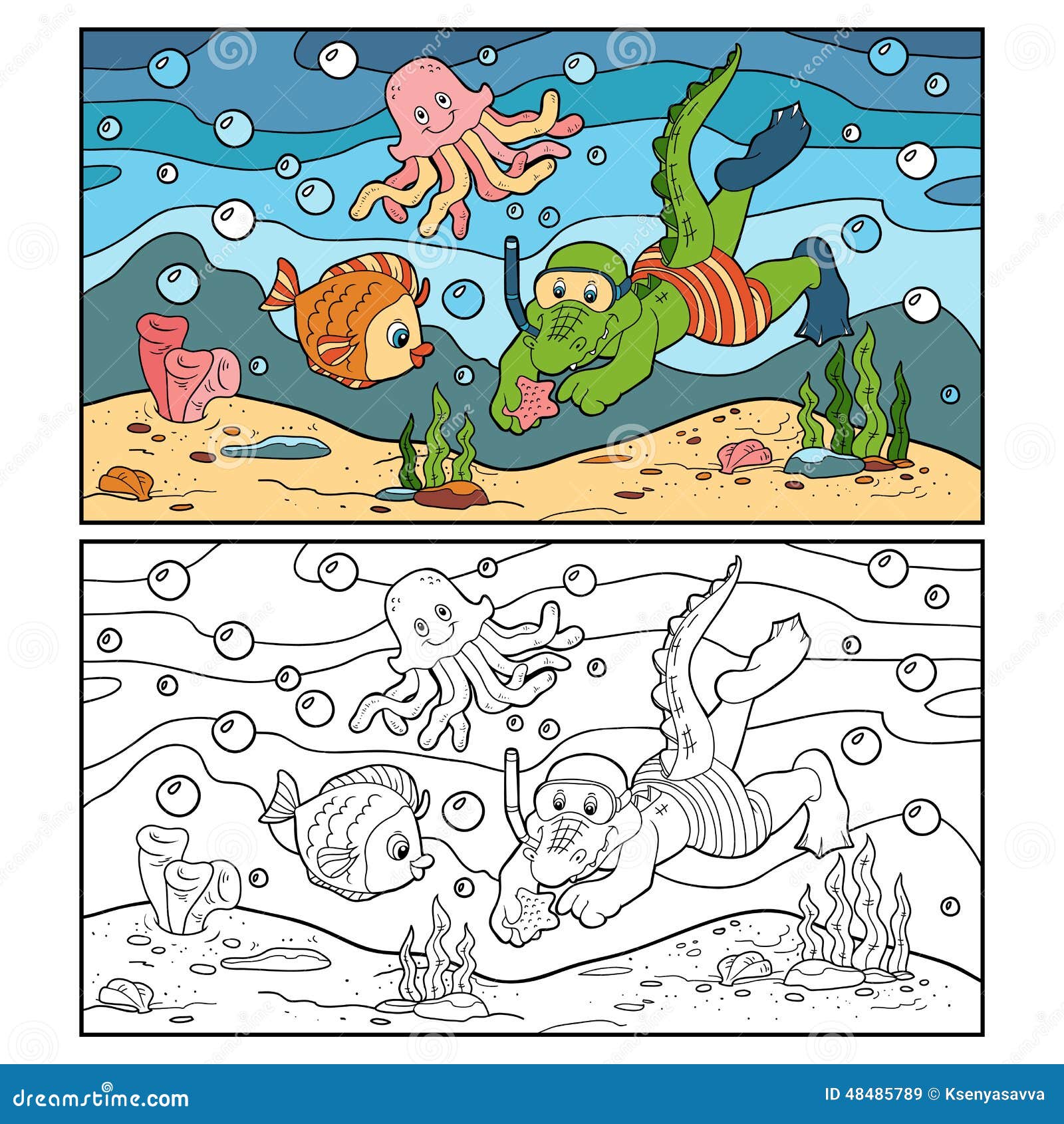 Livre de coloriage pour des enfants plongeur de crocodile fond océanique