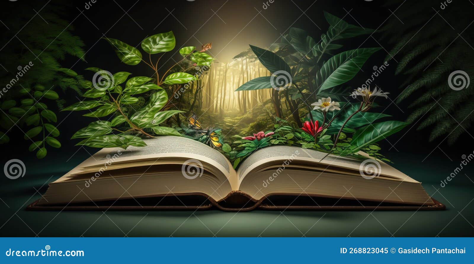 Illustration d'un livre magique ouvert avec des herbes et des