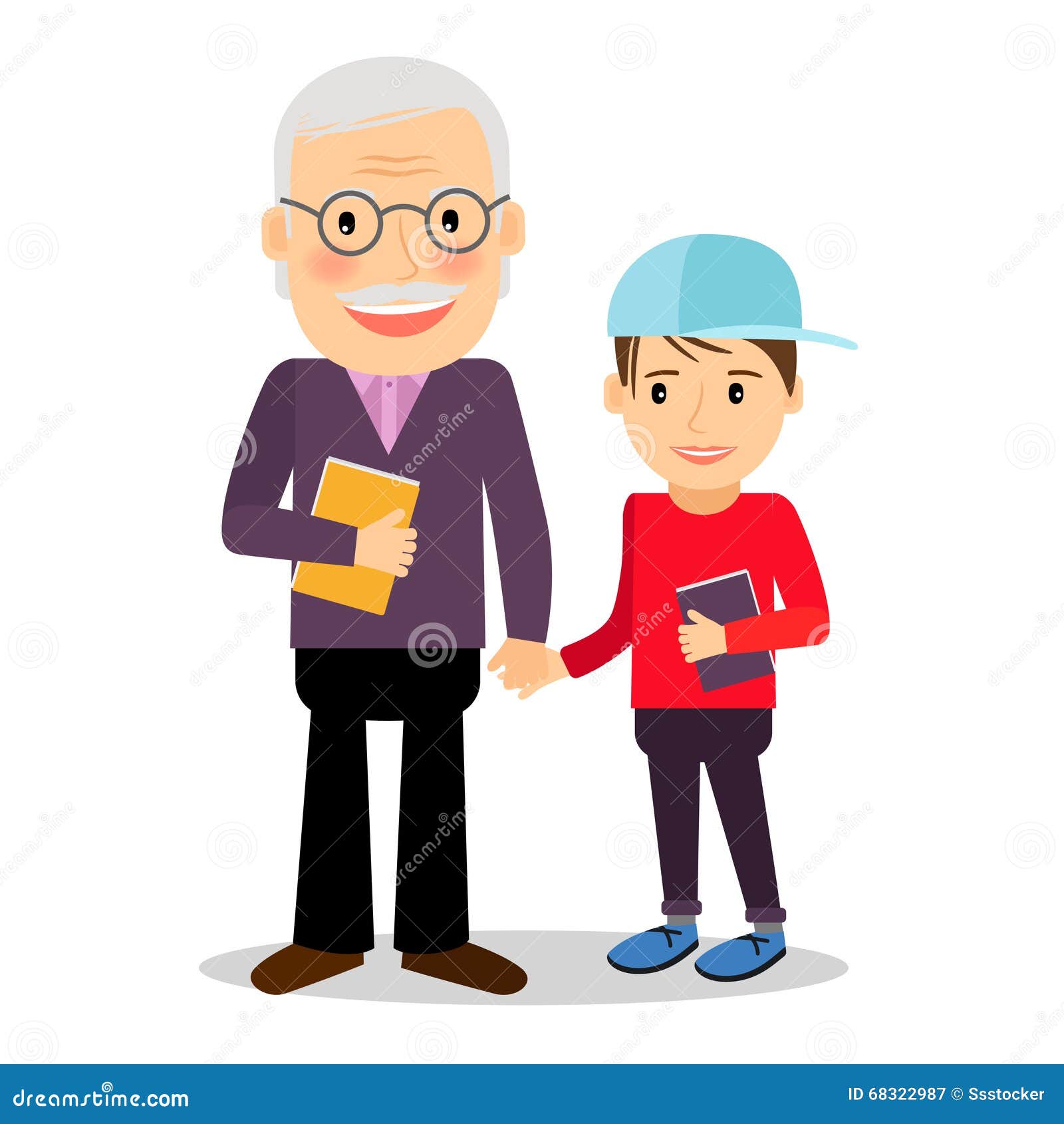 Livres de lecture de grand-père et de petit-fils Grand-père et son petit-fils tenant et tenant des mains Le temps heureux de famille dirigent ensemble l'illustration