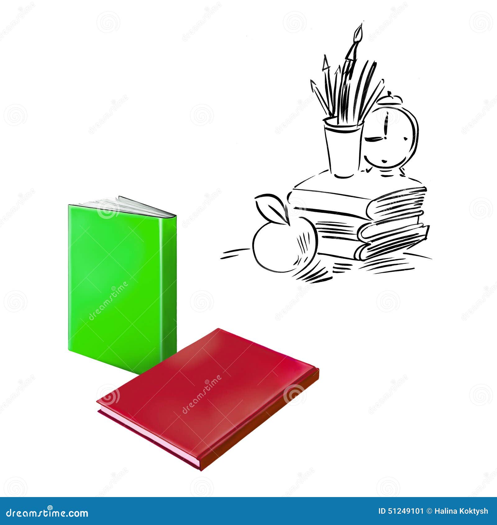 Livres rouges, vert, horloge, pomme, crayons, de nouveau à