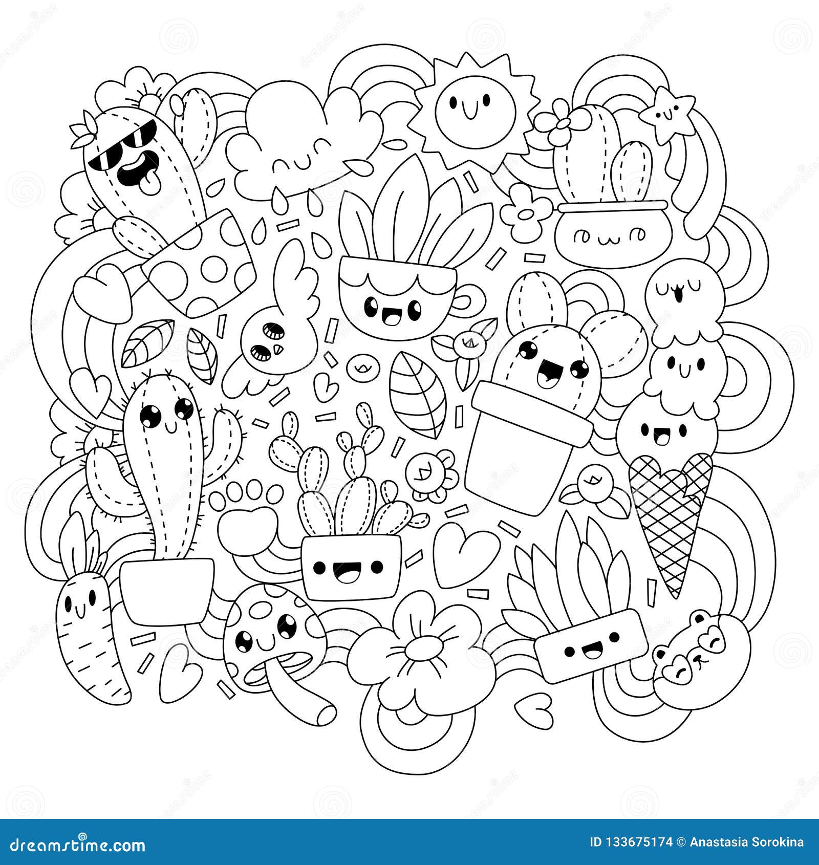 Desenhos de cactos fofos kawaii para colorir