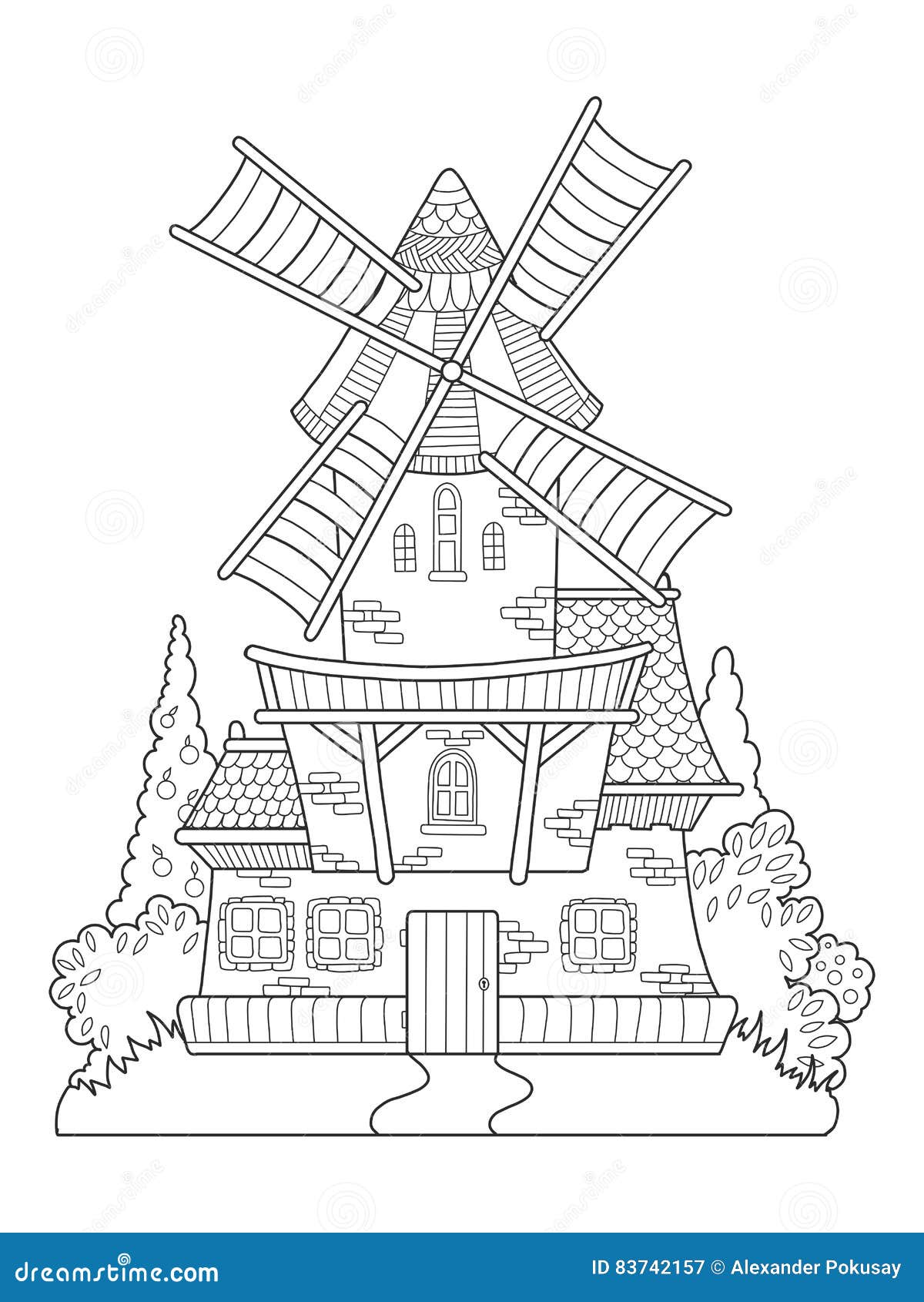 Antigo moinho de vento. desenho de tinta preto e branco