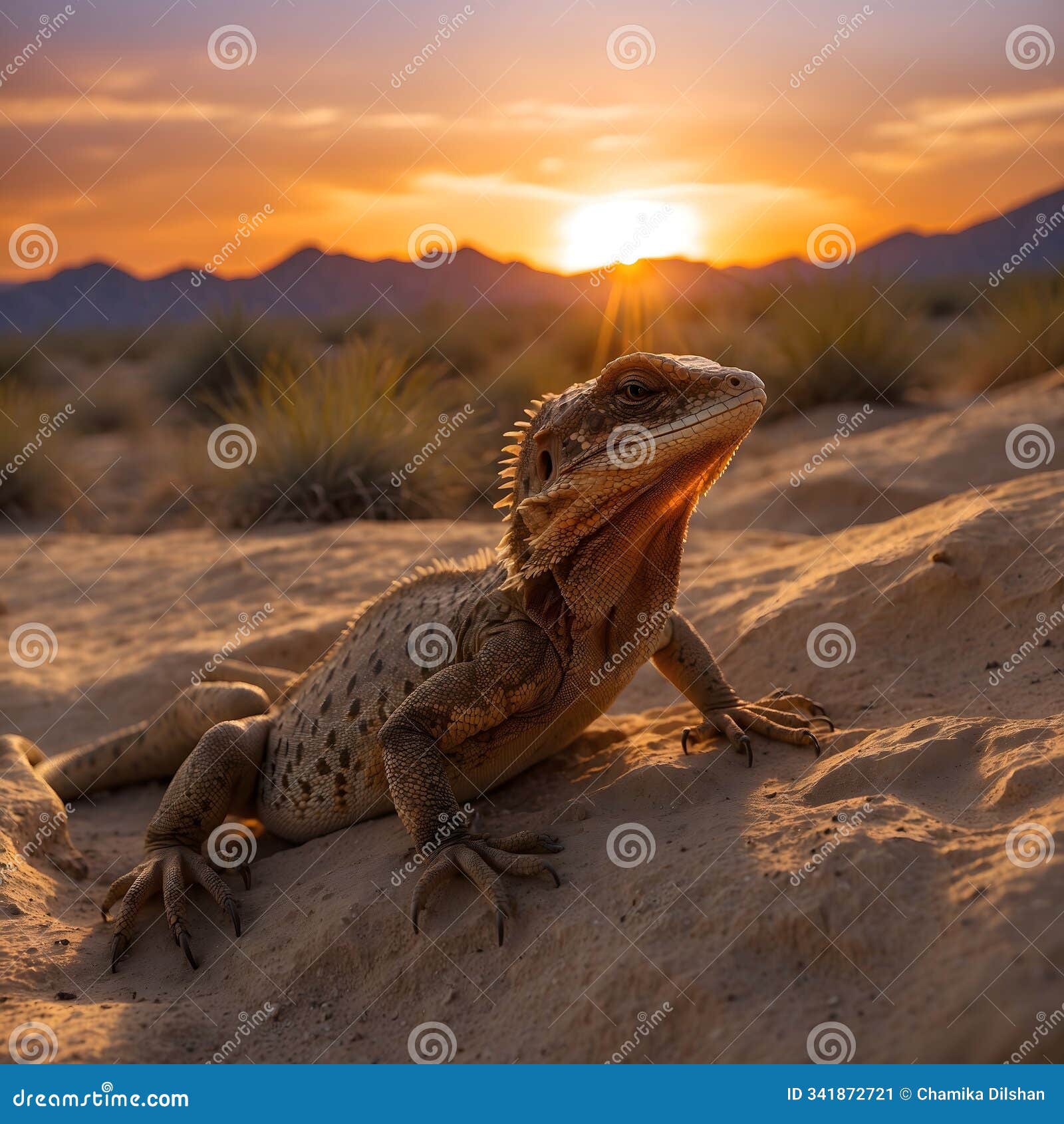 lizard's glow: embracing the desert sunset silhouette