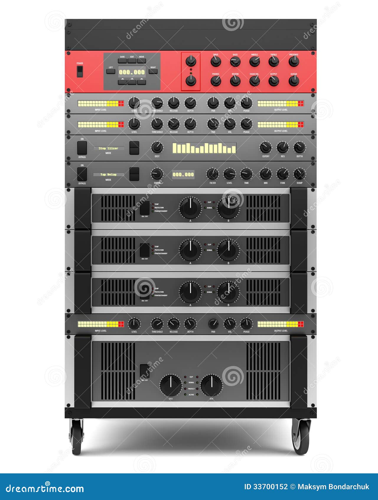 Ljudeffektprocessorer i ett rack som är isolerat på vitt. Ljudeffektprocessorer i ett rack som är isolerat på vit bakgrund