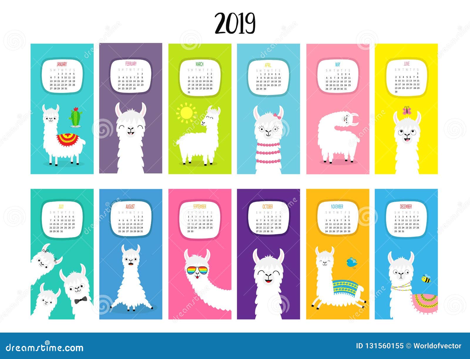 Llama Alpaca Calendar 2019. Vertical Monthly. Cute Funny Cartoon