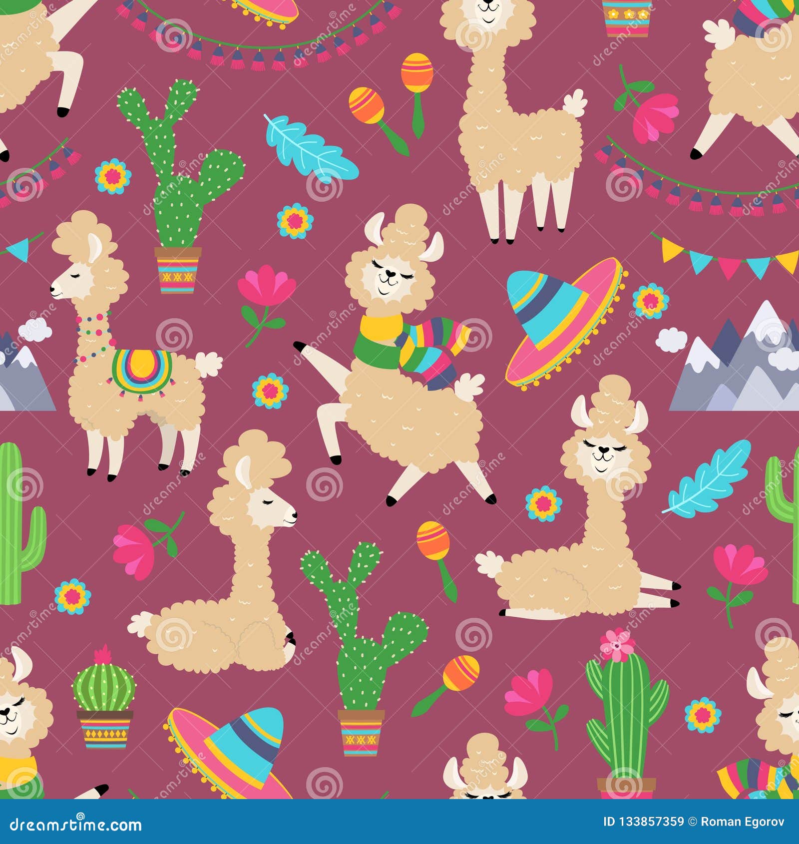 llama seamless pattern. alpaca baby and cactus girly textile texture. lama tribal concept