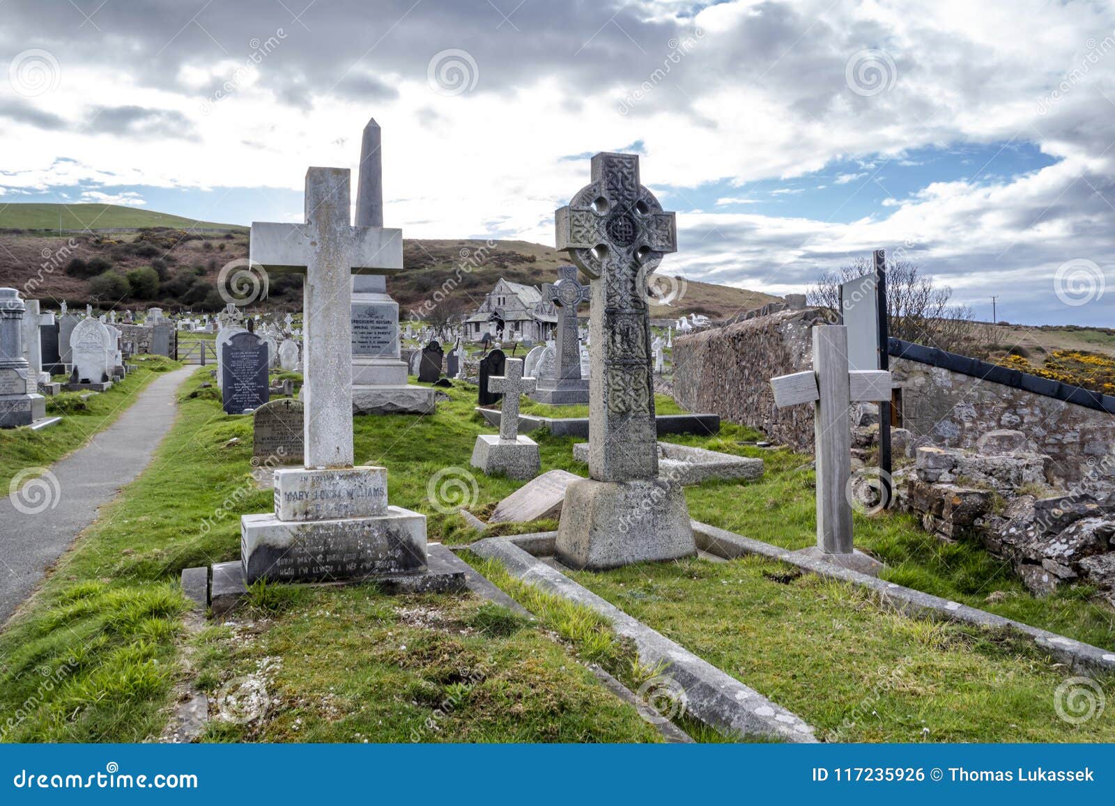 Llandudno , Wales, UK - April 22 2018 : Dramtic Graves Standing at St ...