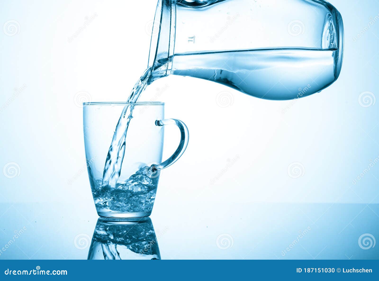Llenando Un Vaso Agua Jarra Sobre Un Fondo Azul Foto de archivo - Imagen de transparente, vierta: 187151030