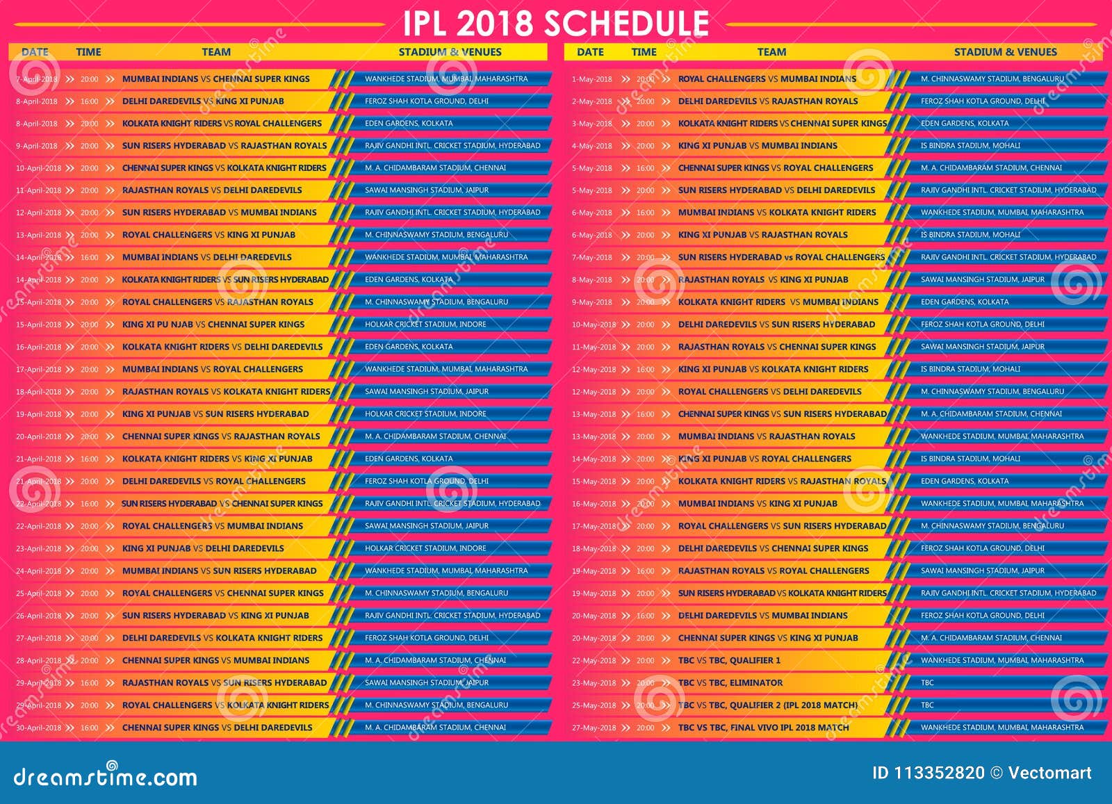 IPL Cricket Match Schedule for 2018 Sports Background Stock Vector -  Illustration of concept, activity: 113352820