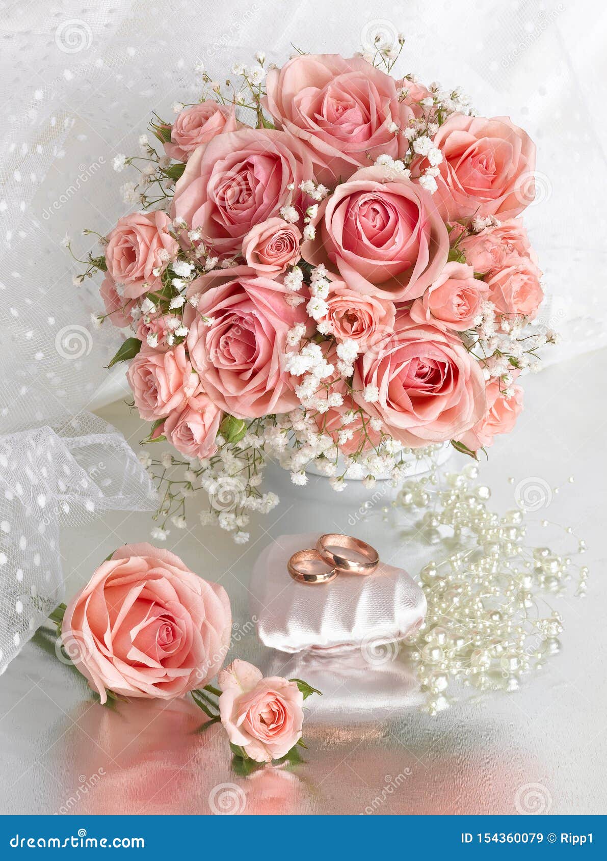 Wedding Bouquet of Pink Roses. Wedding Rings Stock Image Image of