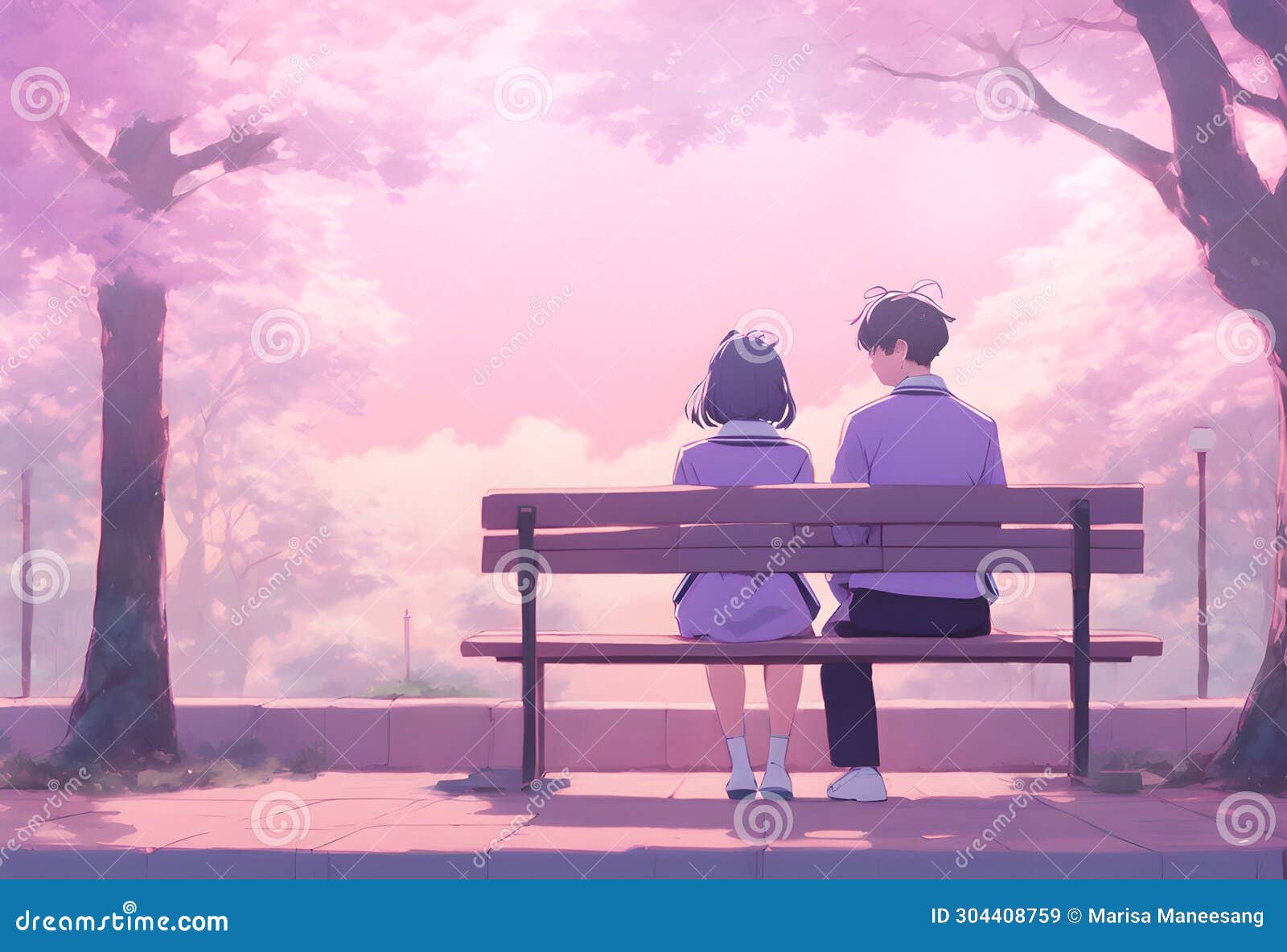 Create an anime girl sitting on a bench in a peaceful and serene  environment. She is