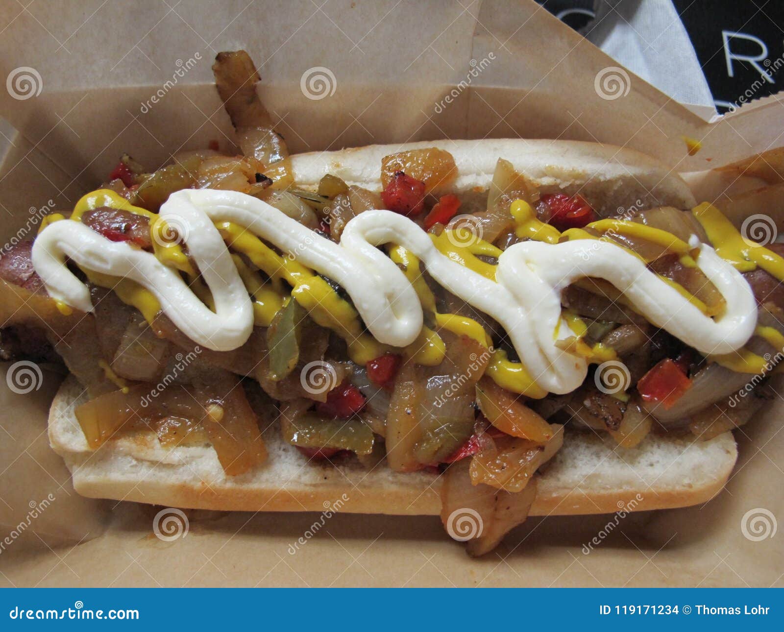 Hot dog loaded at ballpark stock photo. Image of wiener 119171234