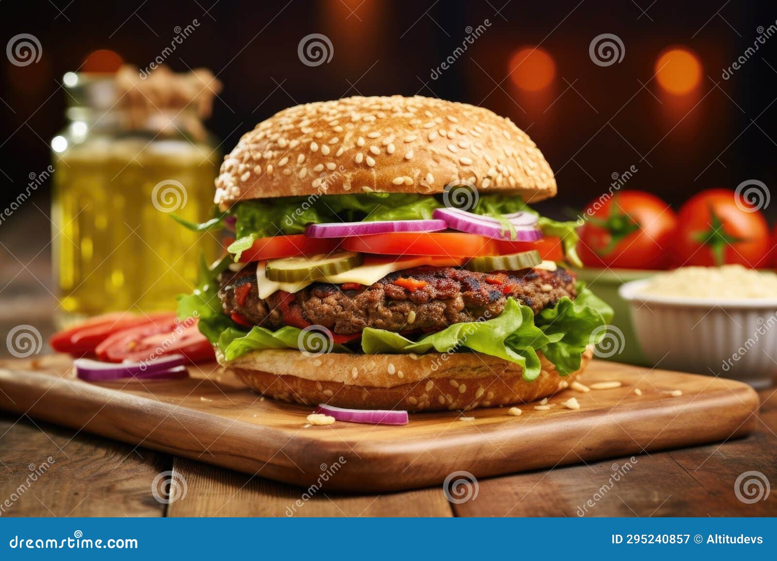 Loaded Veggie Burger with Lettuce, Tomato, and Pickles Stock Image