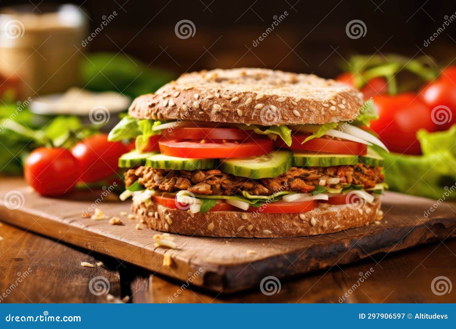 Loaded Veggie Burger with Lettuce, Tomato, and Pickles Stock Image