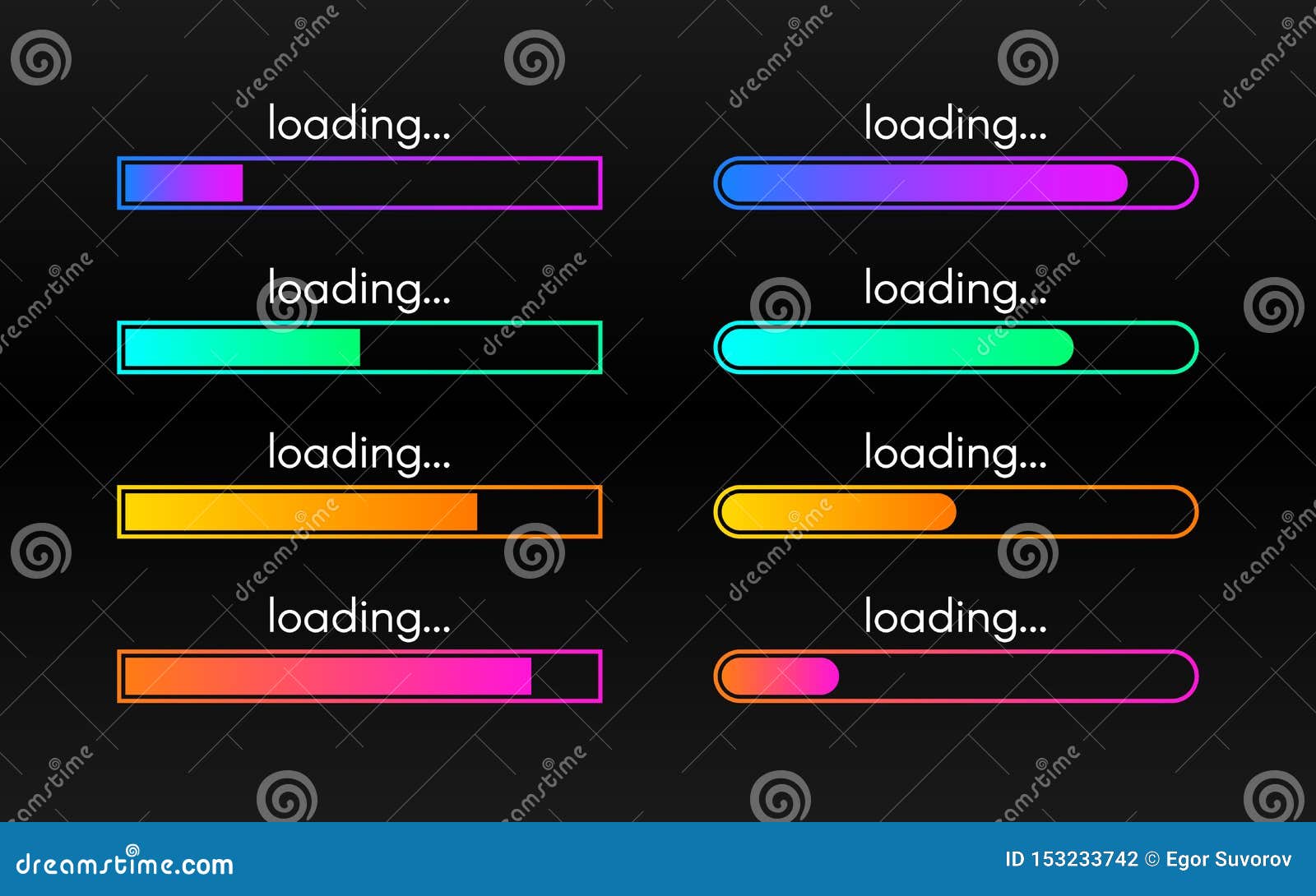 loading bar set on dark backdrop. progress visualization. color gradient lines. loading status collection. web 