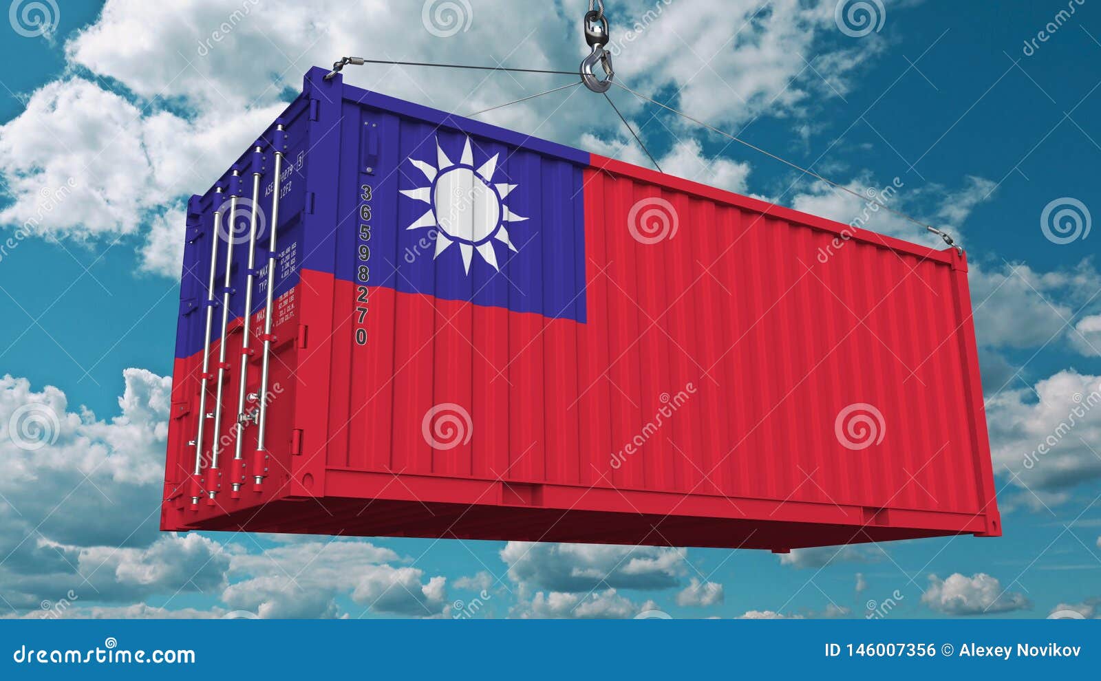 Loading Cargo Container with Flag of Taiwan. Taiwanese Import or Export Related Conceptual 3D