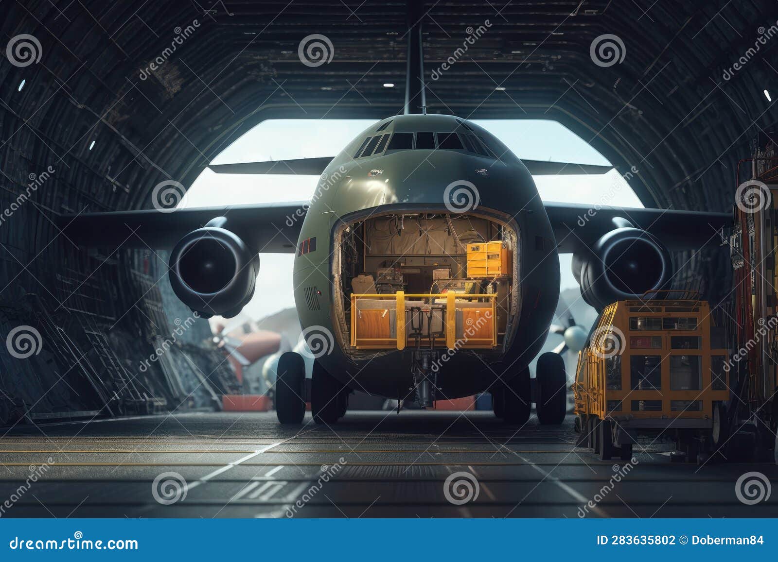 Loading Transport Aircraft in the Hangar of Cargo Terminal. Inside View