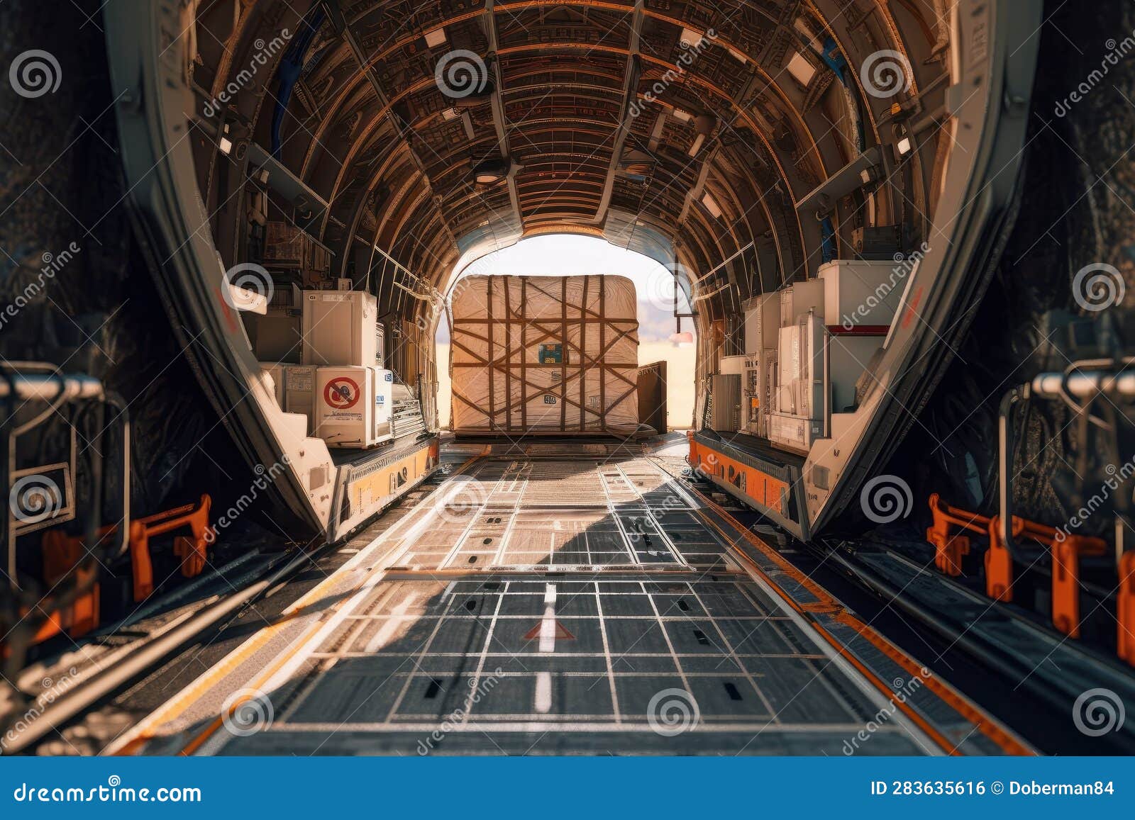 Loading Transport Aircraft in the Hangar of Cargo Terminal. Inside View