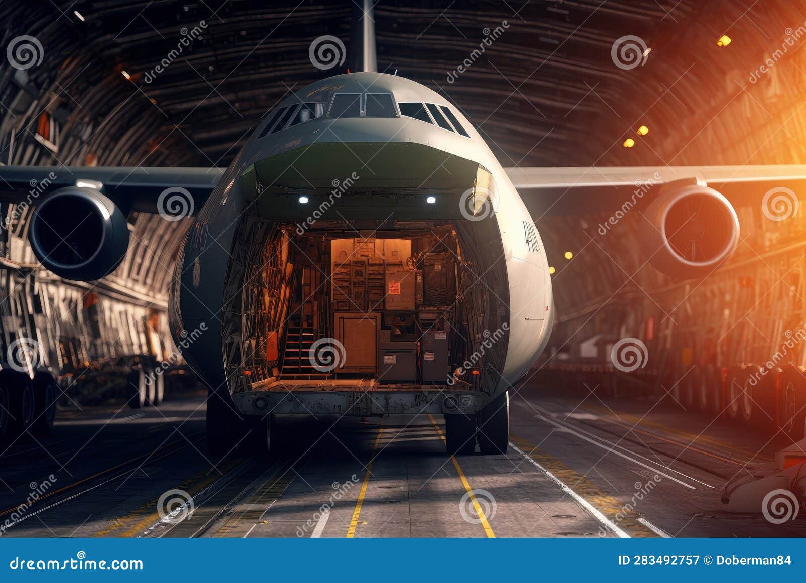 Loading Transport Aircraft in the Hangar of Cargo Terminal. Large Bales