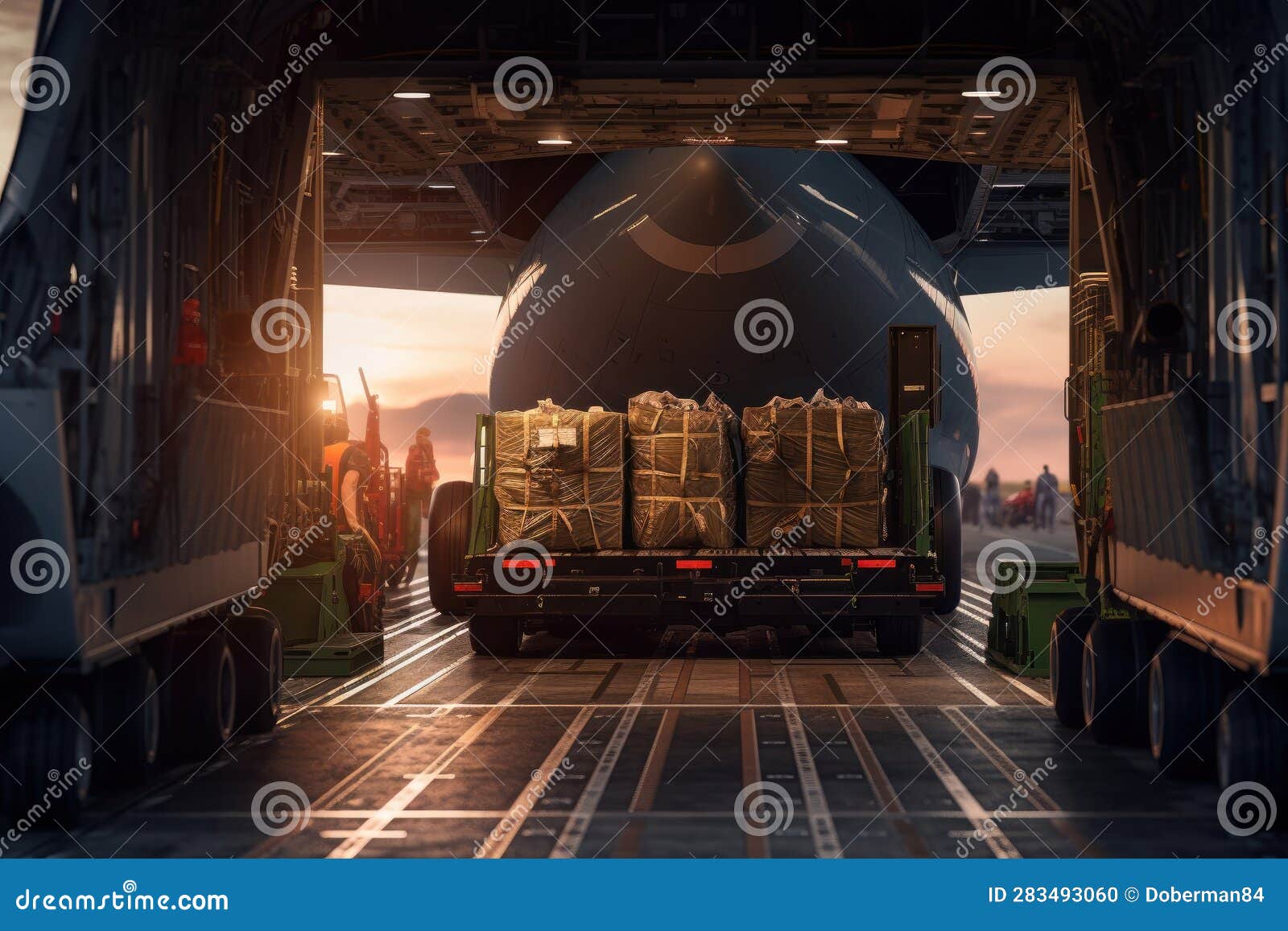 Loading Transport Aircraft in the Hangar of Cargo Terminal. Large Bales