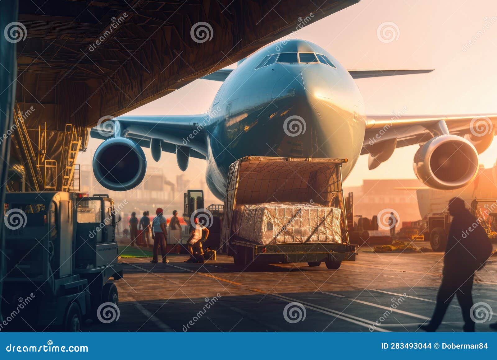 Loading Transport Aircraft in the Hangar of Cargo Terminal. Large Bales