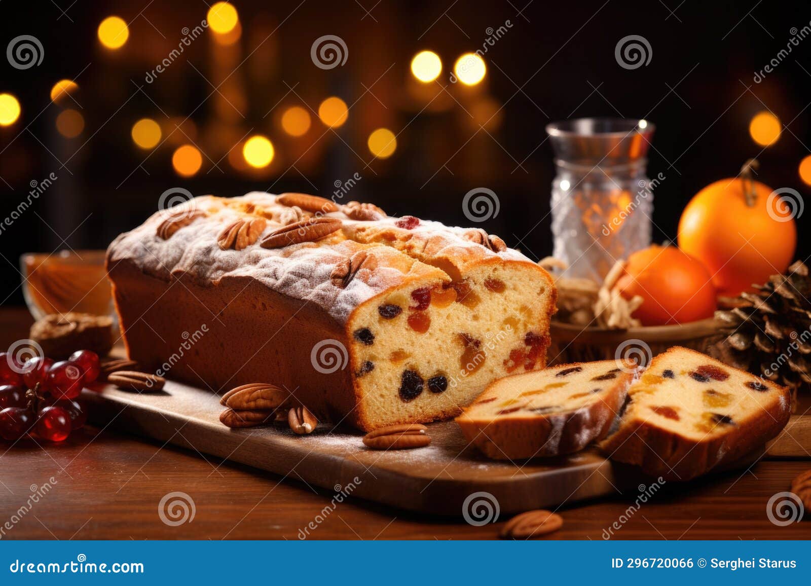 A Loaf of Fruit Cake with Nuts and Berries on a Wooden Table, AI Stock