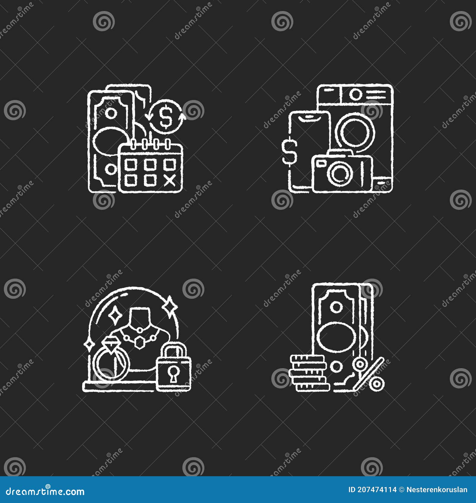 Loan Office Chalk White Icons Set on Black Background Stock