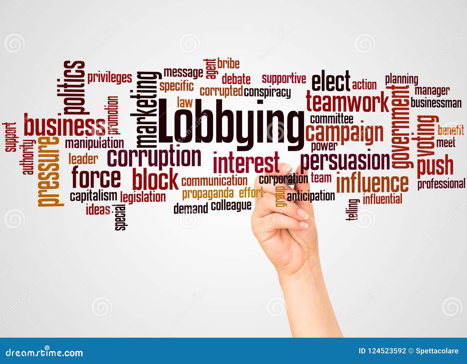 lobbying word cloud and hand with marker concept