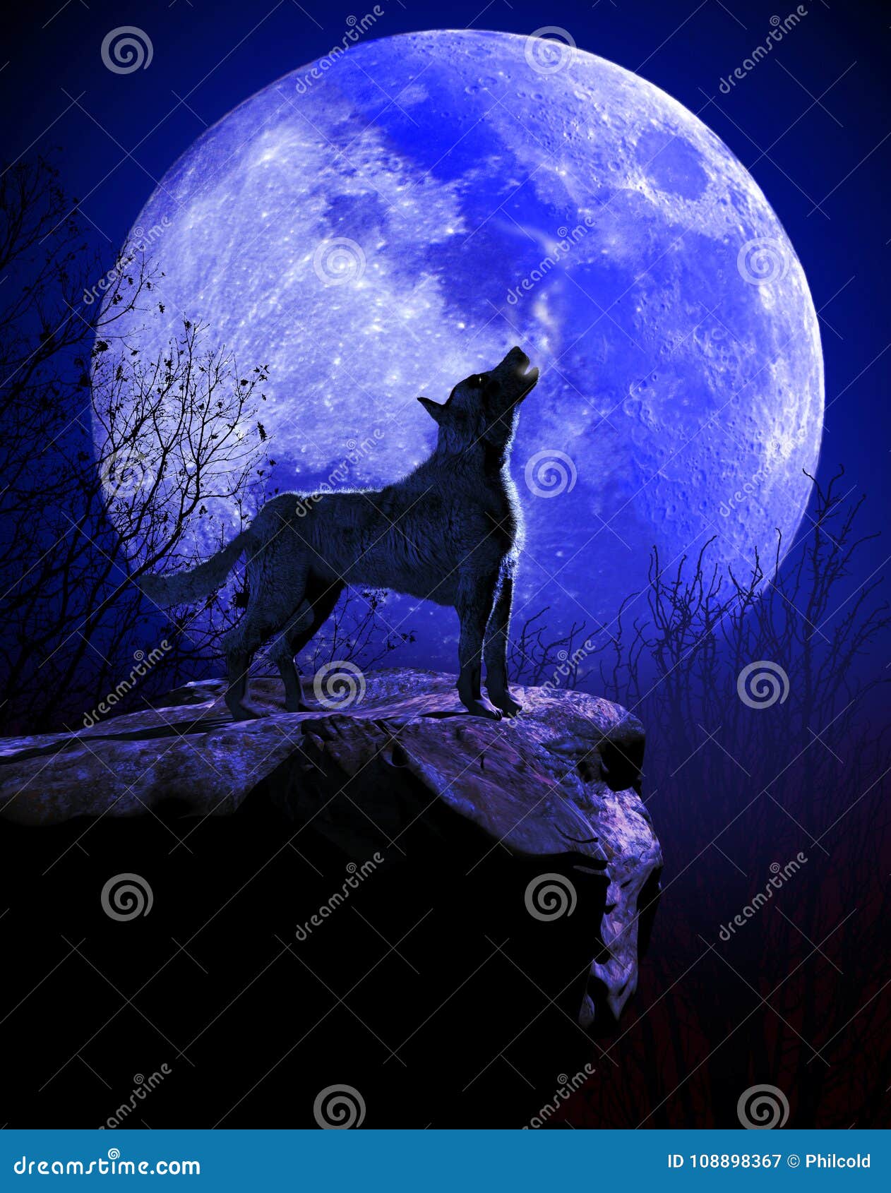 Lobo Que Grita En La Luna Azul Stock de ilustración - Ilustración de  animal, azul: 108898367