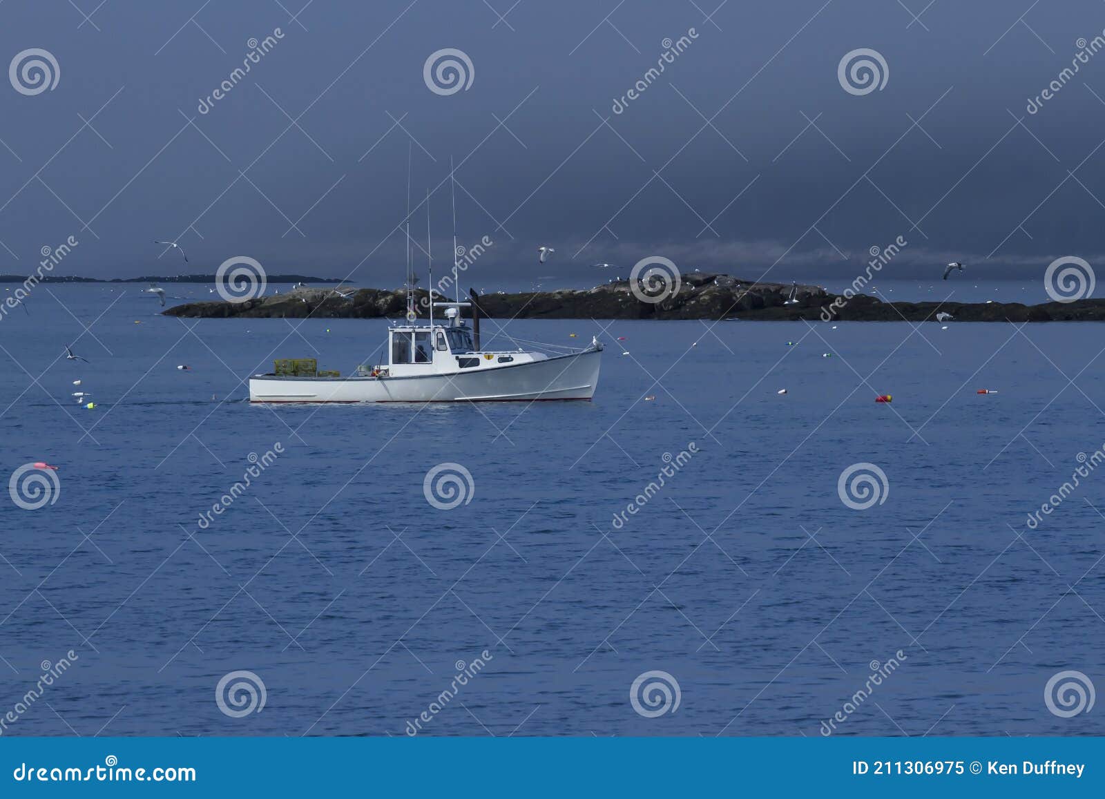 A Lobster boat in a cove. stock image. Image of scenic 211306975