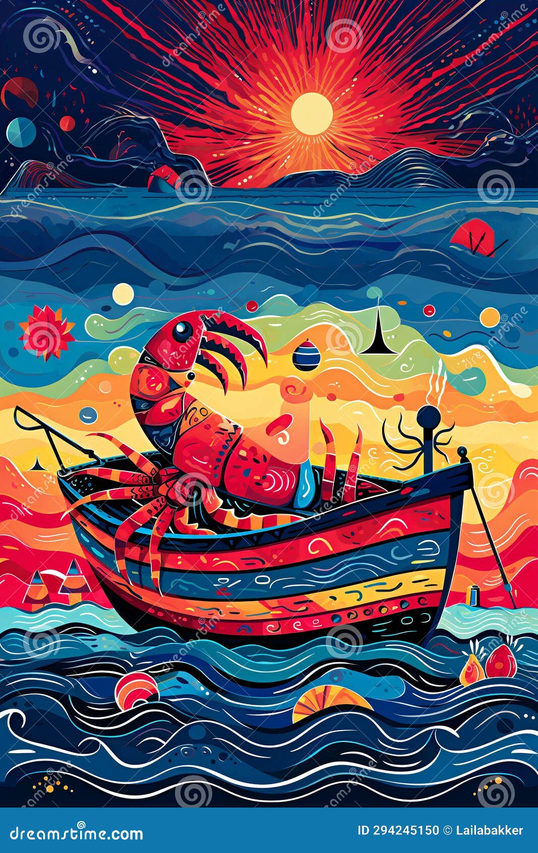 Lobster in the Boat on the Sea. Digital Illustration Stock Illustration