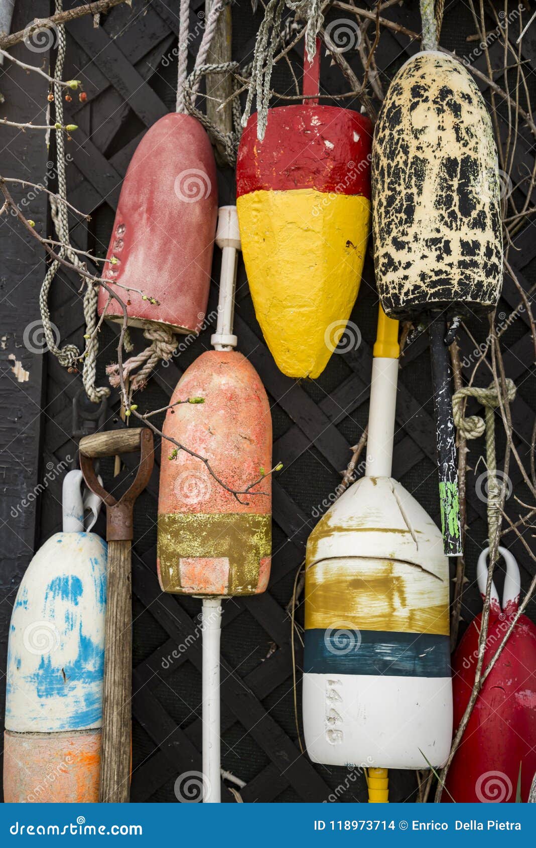 Lobster Buoys on Wall in Maine Stock Photo - Image of colorful, hanging:  118973714