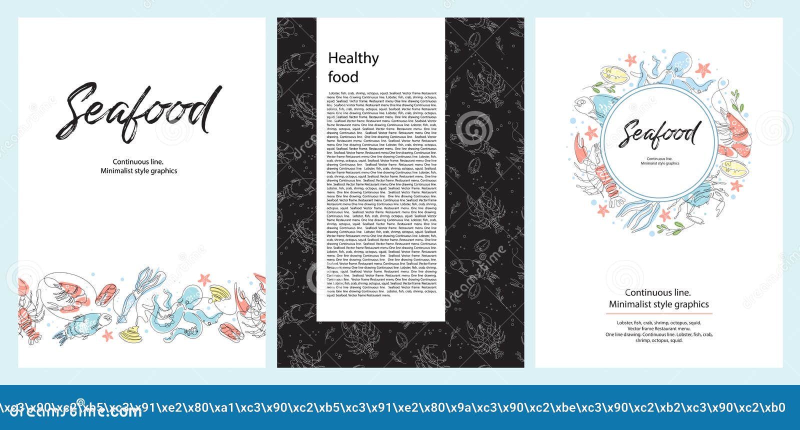 lobster, fish, crab, shrimp, octopus, squid. seafood. restaurant menu.