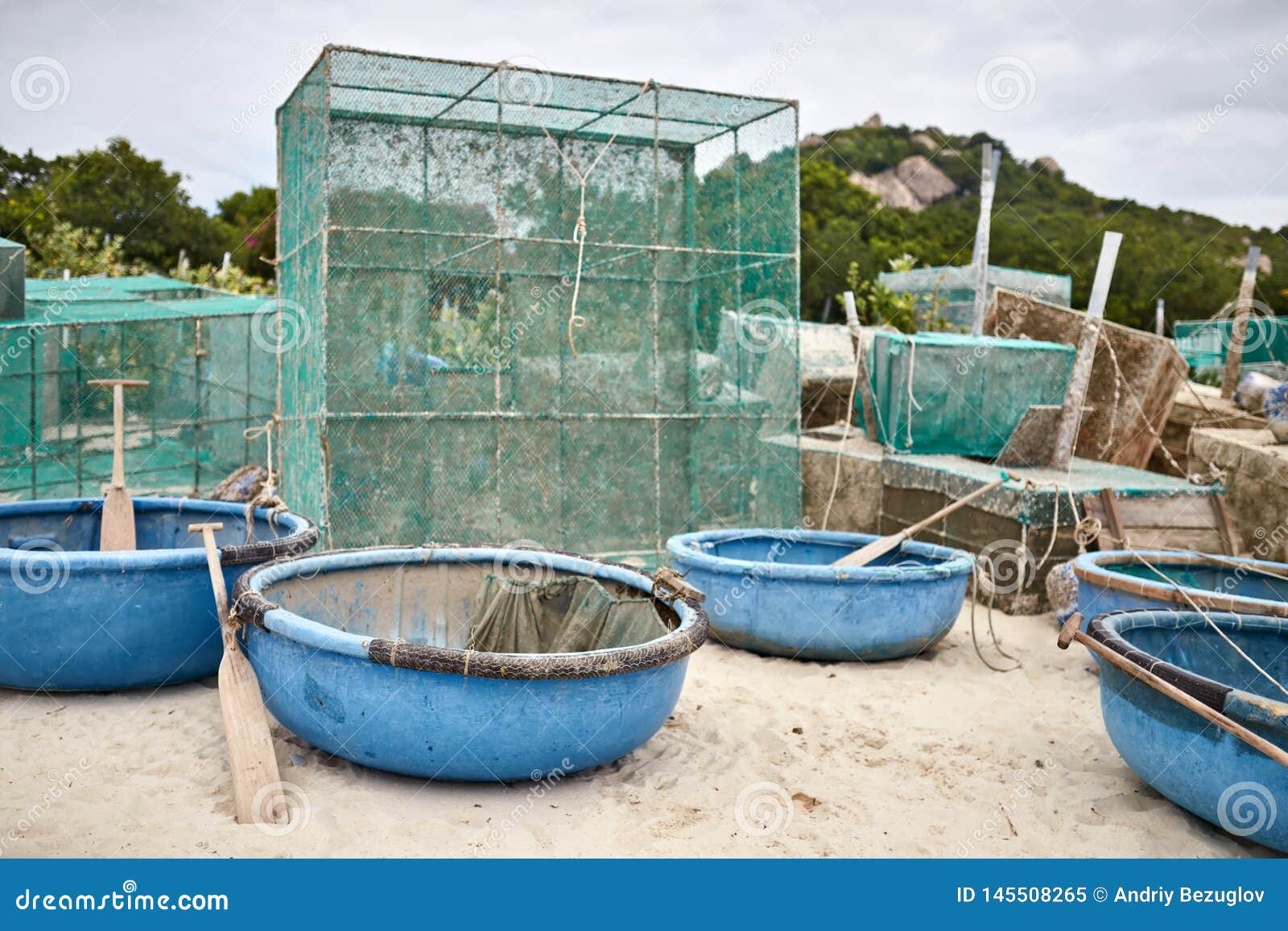 Lobster Netting Cages on Sand Beach in Vietnam Stock Image - Image