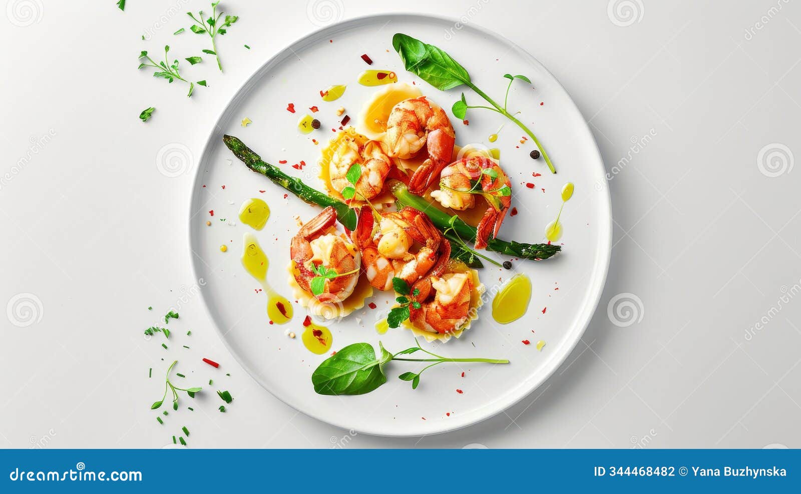 lobster ravioli in brown butter sage sauce is showcased on a clean white background, highlighting its vibrant presentation with