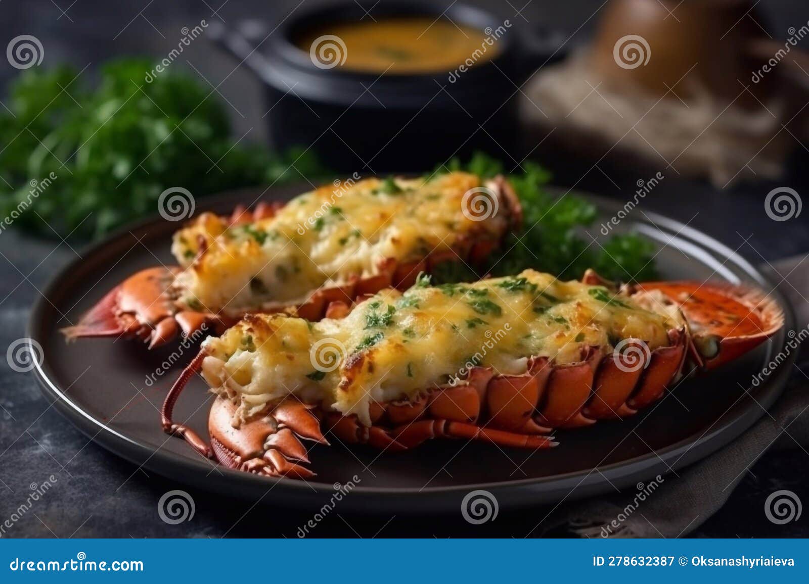 Lobster Thermidor Dish on a Plate, Restaurant Serving. Generative AI Stock Illustration