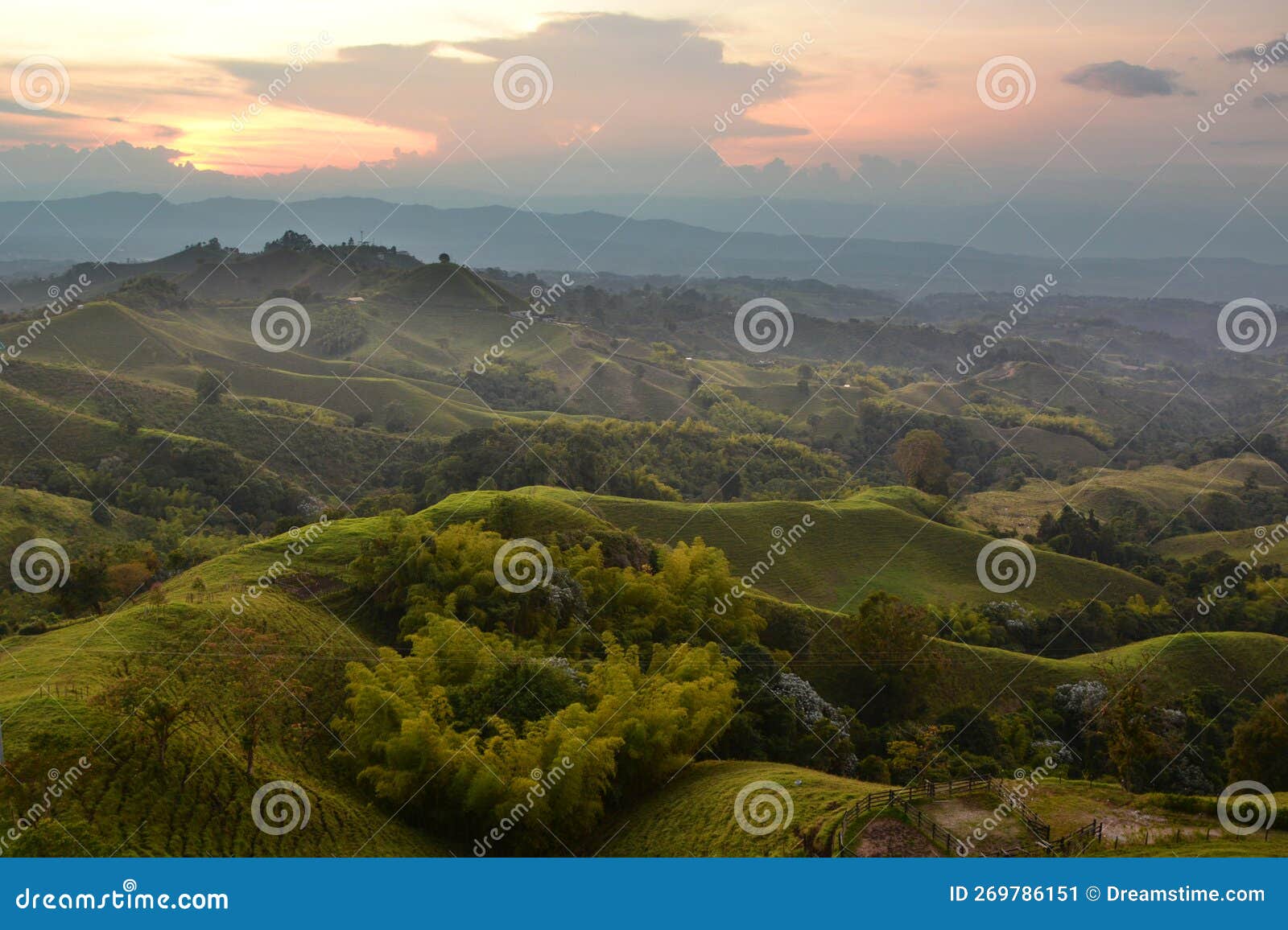 view from mirador colina iluminada at sunset. filandia. quindio department. colombia