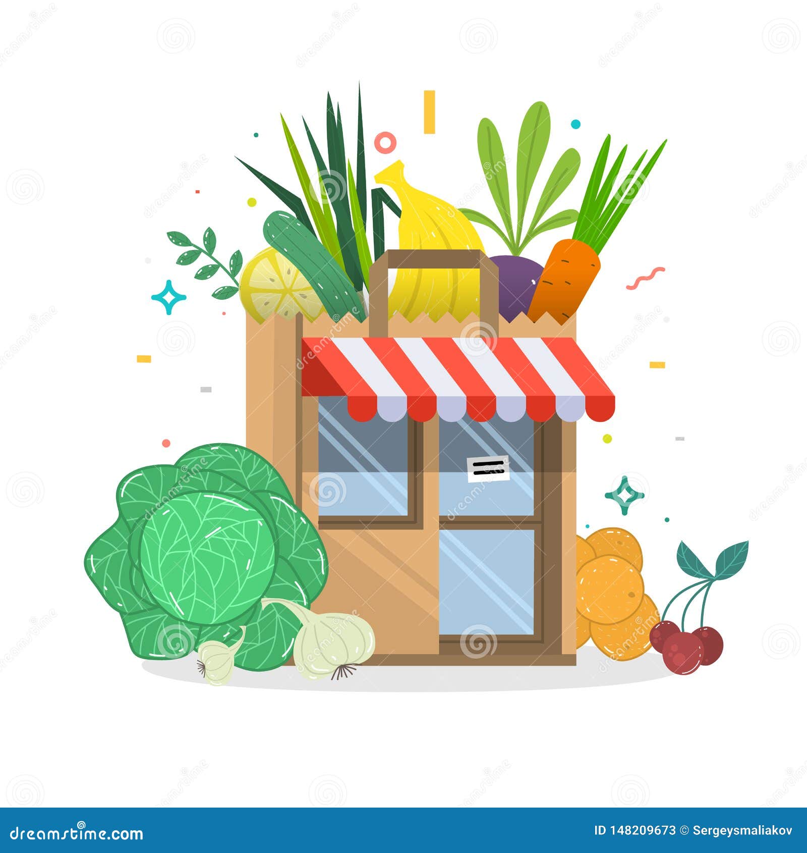 Local Fruit and Vegetables Store Building. Groceries Crates in