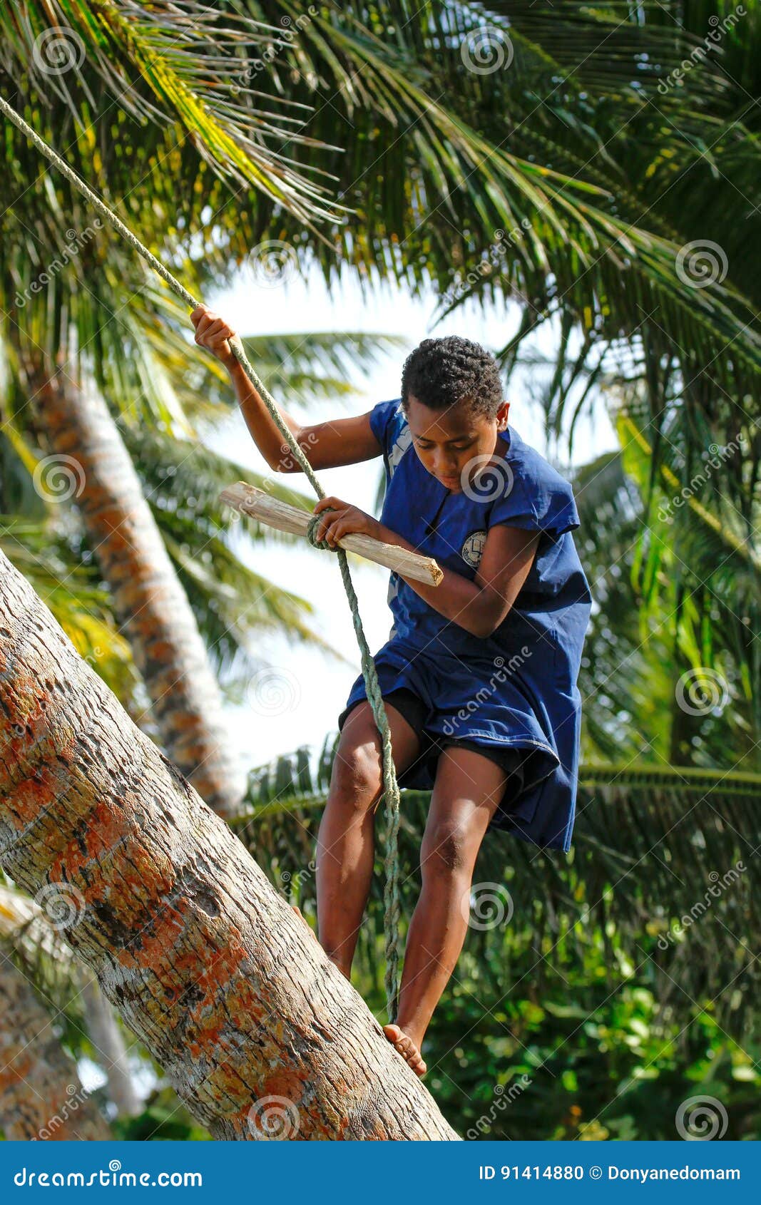 Local Girl Climbing Palm Tree To Swing on a Rope Swing in Lavena