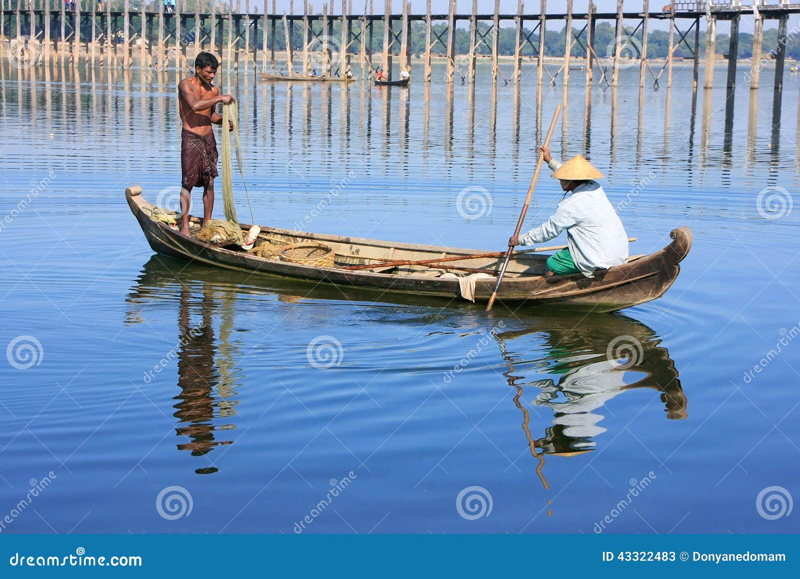 Local People Fishing from a Boat Near U Bein Bridge, Amarapura
