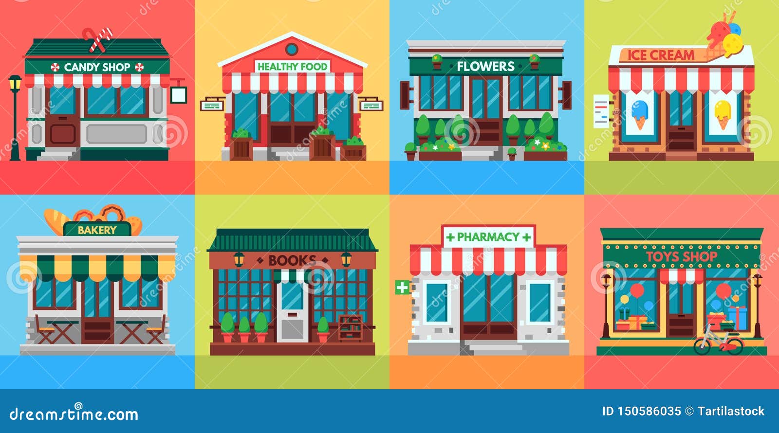 local shops facades. grocery shop doors, old boutique store building front and retail stores facade flat  set