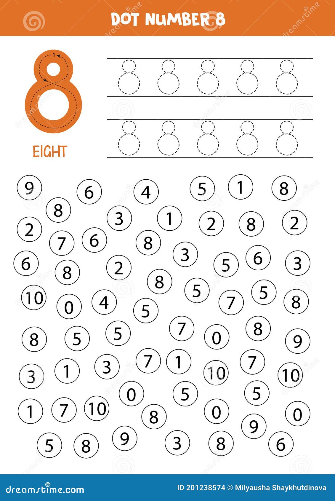 Localizar E Colorir Número 8. Jogo De Matemática Para Crianças