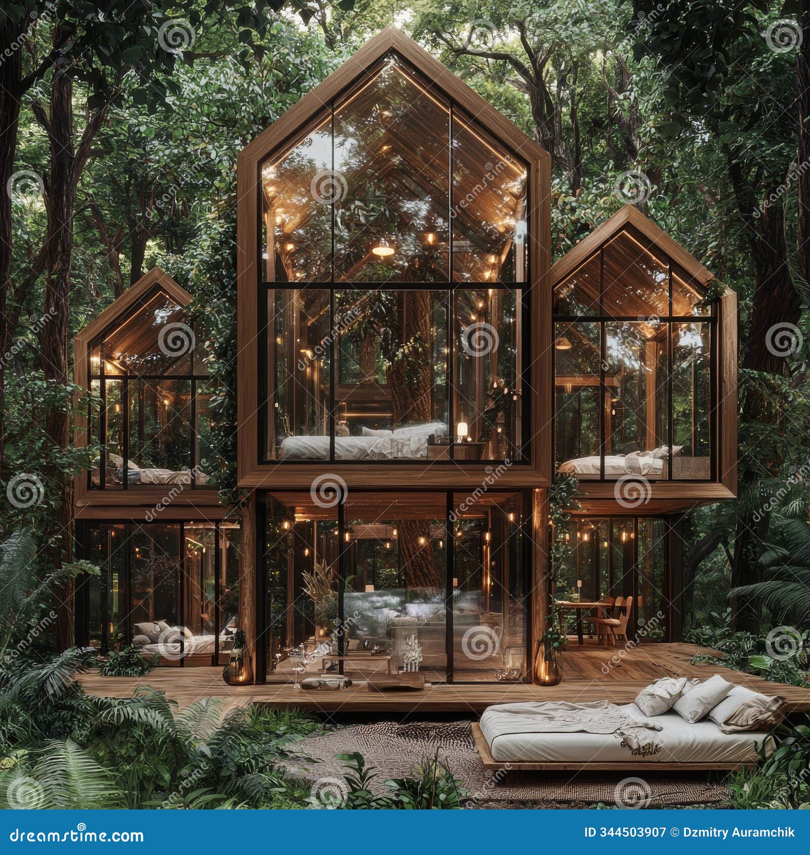 located in a lush forest, a modern treehouse boasts large glass windows and a relaxing pool.